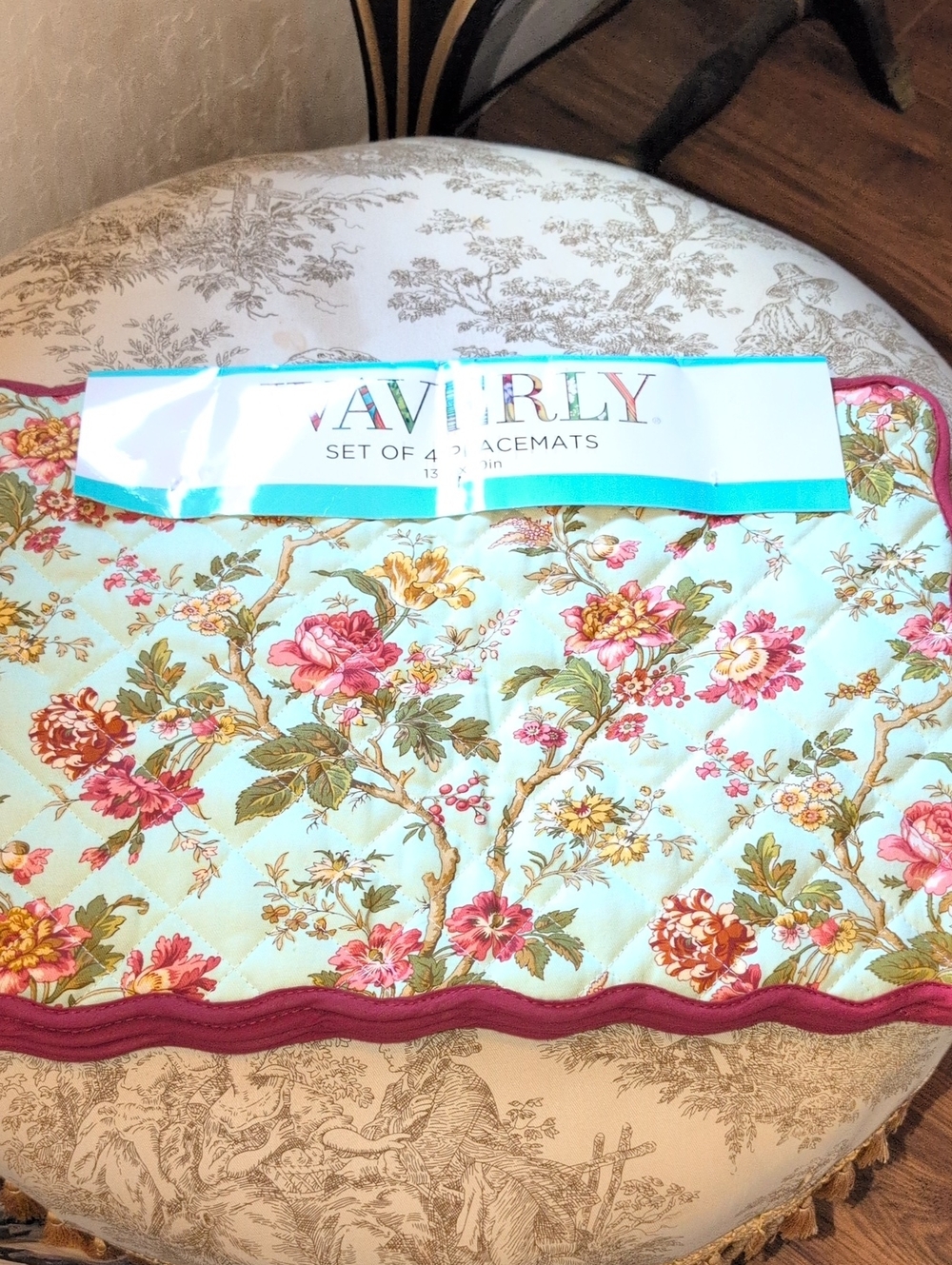Avery Floral Quilted Placemats in Aqua with Pink Trim